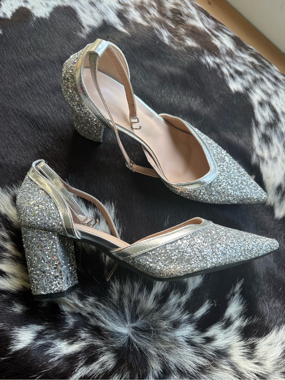 Silver Glitter Pointed Toe Block Heel Women's Dress Shoes
